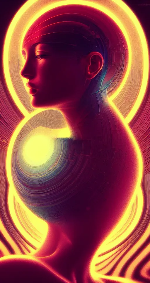 Image similar to art deco close up portait of head surrounded by spheres, like a dream digital painting cinematic dramatic fluid lines otherworldly vaporwave interesting details epic composition by artgerm