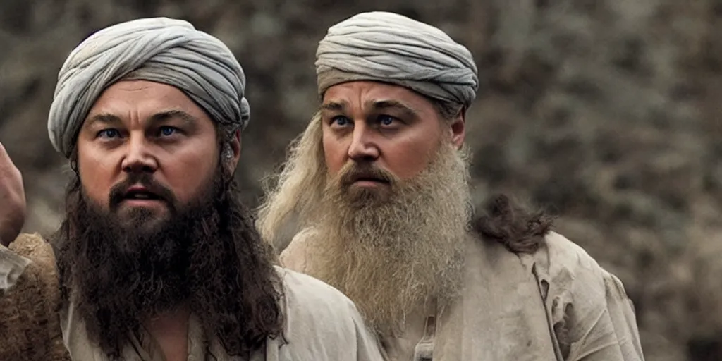 Prompt: Leonardo DiCaprio as Osama Bin Laden in 'Bin Laden' (2017), movie still frame