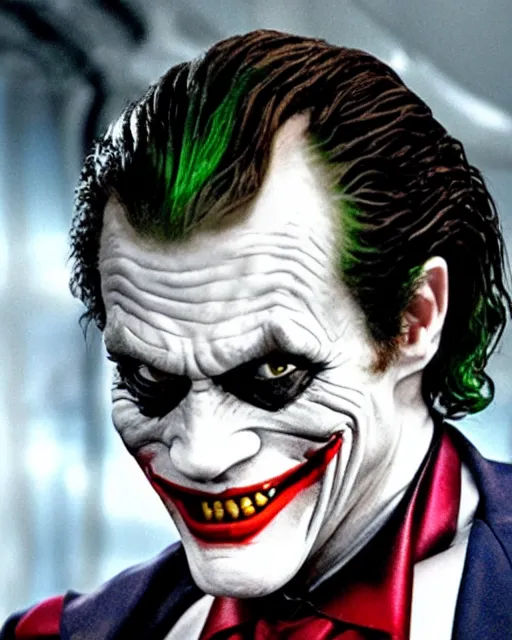 Image similar to a movie still of Batman starring Willem Dafoe as the Joker smiling, 8k, Technicolor, telephoto lens, detailed skin, detailed realistic eyes, medium shot, mid-shot