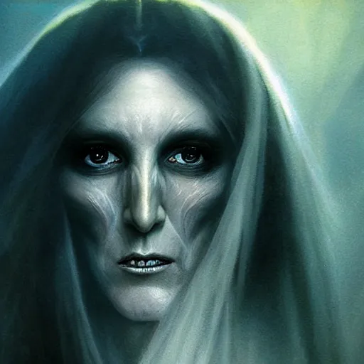 Image similar to head and shoulders portrait of a ghostly, shadowy, spectral banshee portrayed by celine dion, d & d, fantasy, greg rutkowski, frank frazetta, alexandre chaudret, boris vallejo, michael whelan, miro petrov, hr giger, magali villeneuve, donato giancola