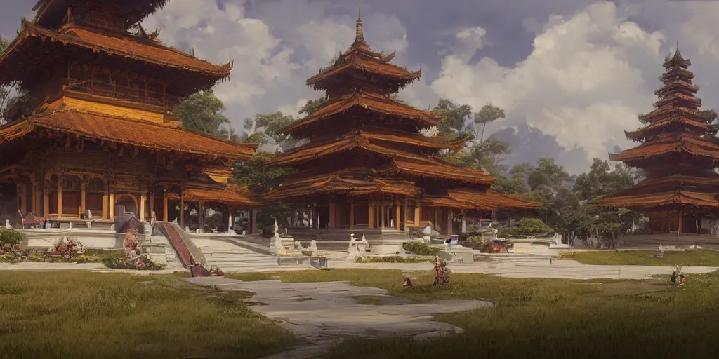 Prompt: landscape of one grand pagoda with spirits swirling around it, art by artgerm and greg rutkowski and alphonse mucha, concept art, octane render, unreal engine 5, highly detailed, high quality, 8 k, soft lighting, realistic face, path traced