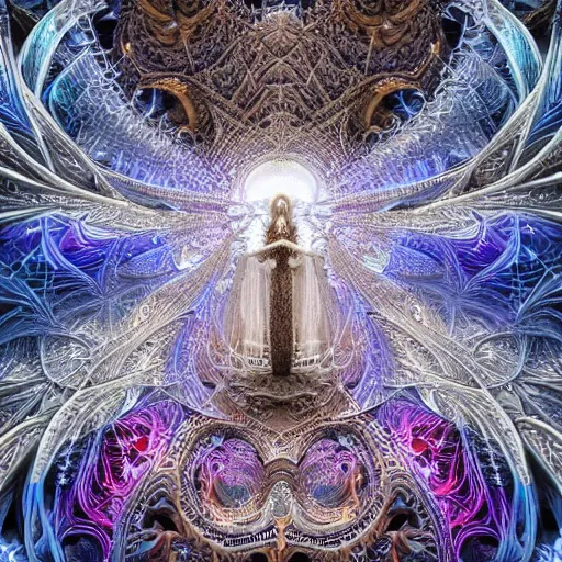 Image similar to beautiful hyperrealistic 3 d render of a delicate ivory sculpture of an ornate detailed cathedral populated by mandelbrot fractals by android jones, micro detail, unreal engine, dramatic lighting, psychedelic, octane renderer, catholicpunk, glowing, white color scheme, photorealistic, physically based rendering, angelic, hyper detailed, colorful, carved soap, trending on cgsociety
