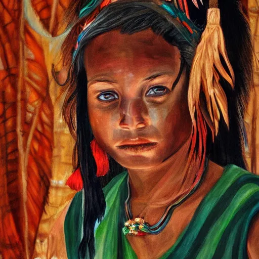 Prompt: painting of a native amazon forest girl. highly detailed, dramatic lighting, intense shadows, rich deep colours, by virginia vezzi