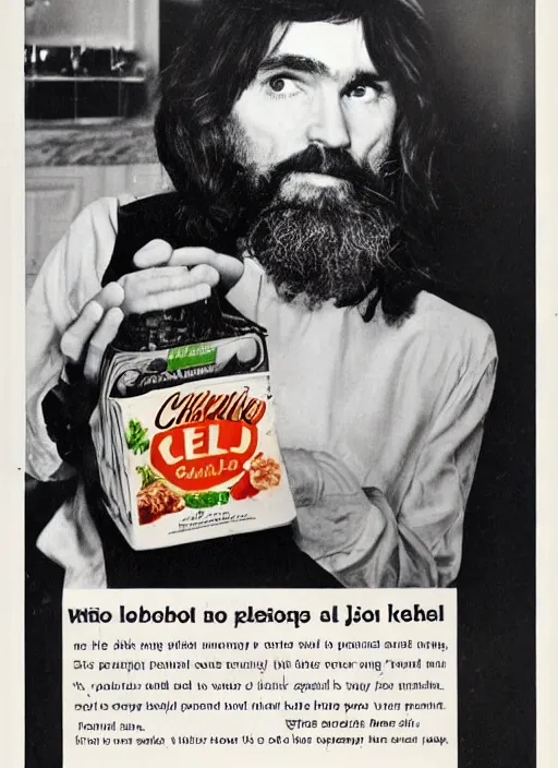 Image similar to vintage jello advertisement depicting charles manson holding a perfection salad