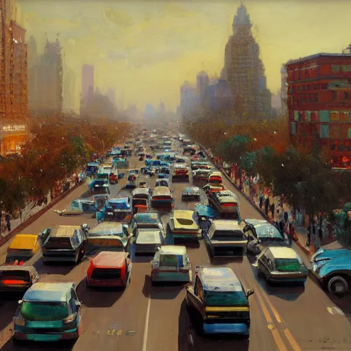 Image similar to A clutter scene of city traffic, maximalism, symmetry, high visual detail, photorealistic oil painting, by Ilya Repin and Asher Duran, artstation