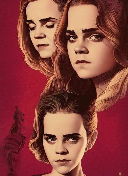 Prompt: poster artwork by Michael Whelan and Tomer Hanuka, Karol Bak of Emma Watson and Kiernan Shipka in beauty pageant, from scene from Twin Peaks, clean, simple illustration, nostalgic, domestic, full of details