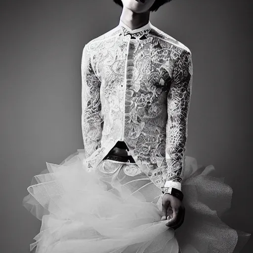 Image similar to a beautiful young korean male wearing a translucid lace wedding gown designed by alexander mcqueen, photographed by andrew thomas huang for a fashion editorial