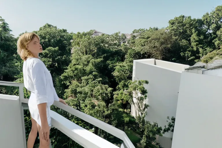 Prompt: a cinematic wideangle photograph of a singular woman wearing white clothing stood on a balcony looking out to the horizon, people walk through the frame in foreground, green plants, blue sky, beautiful lighting, ultra realistic, movie still, utopia, ultra realistic