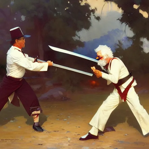 Prompt: colonel sanders with katana fighting donald mcdonald, highly detailed painting by gaston bussiere, craig mullins, j. c. leyendecker, 8 k