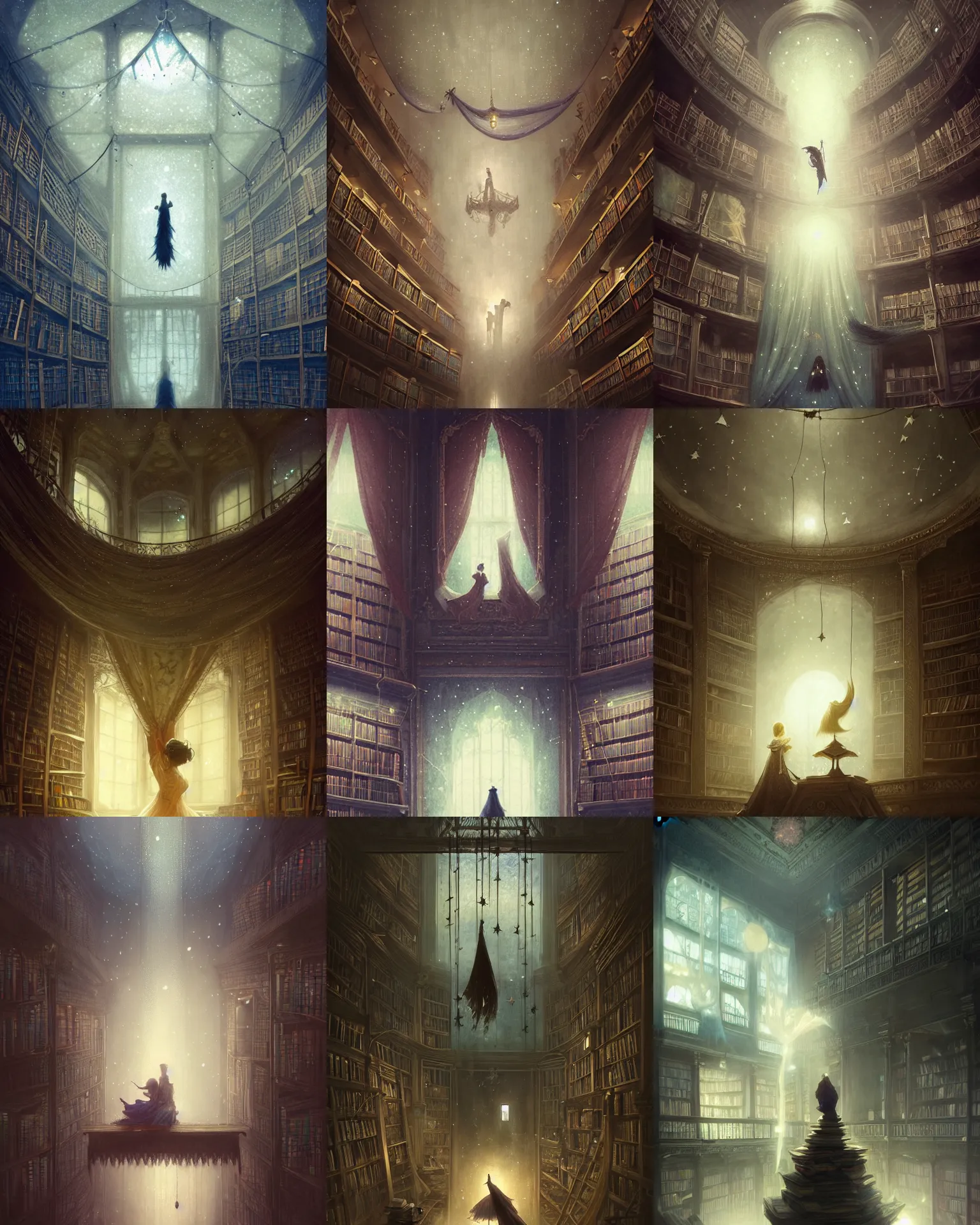 Prompt: thief stealing image prompt ideas in a library with walls and glass ceilings showing the stars and hanging silk drapery and tapestries, light dust, magnificent, close up, details, sharp focus, elegant, highly detailed, illustration, by Jordan Grimmer and greg rutkowski and PiNe(パイネ) and 薯子Imoko and 香川悠作 and wlop and maya takamura, intricate, beautiful, Trending artstation, pixiv, digital Art