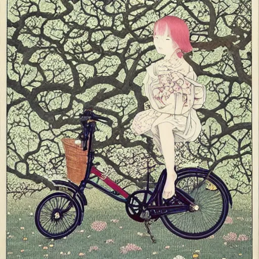 Prompt: a girl with uk folding brompton bike in a garden, by takato yamamoto