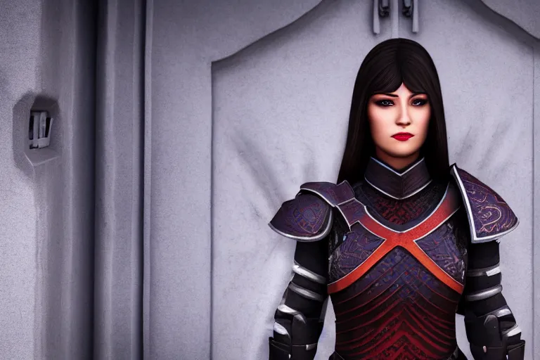 Image similar to a beautiful female guard from neverwinter shyly posing on camera, symmetrical, cinematic, elegant, dawn light, real dlsr photography, sharp focus, 4 k, ultra hd, sense of awe