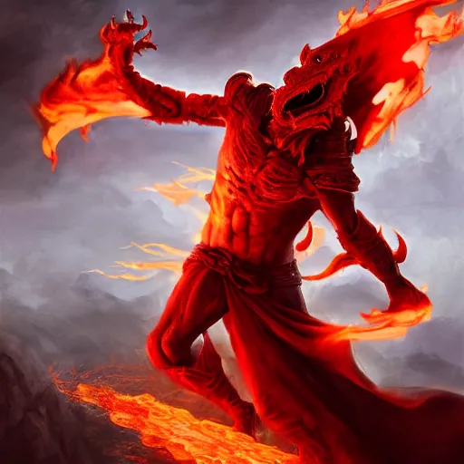 Prompt: A red Dragonborn monk, wearing a white robe, leaping through flames, dramatic lighting, cinematic, detailed oil painting, trending on artstation