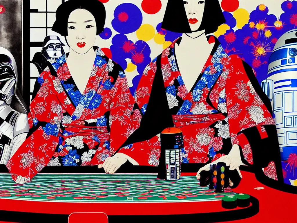 Prompt: hyperrealistic composition of the detailed woman in a japanese kimono sitting at a poker table with detailed darth vader and r 2 d 2, fireworks, mount fuji on the background, pop - art style, jacky tsai style, andy warhol style, acrylic on canvas