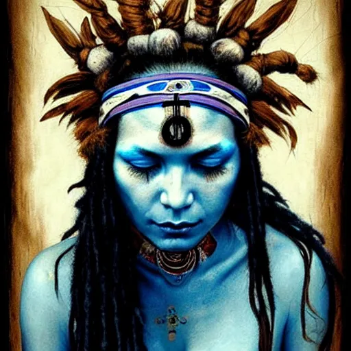 Image similar to A young blindfolded shaman woman with a decorated headband, in the style of heilung, blue hair dreadlocks and wood on her head., made by karol bak