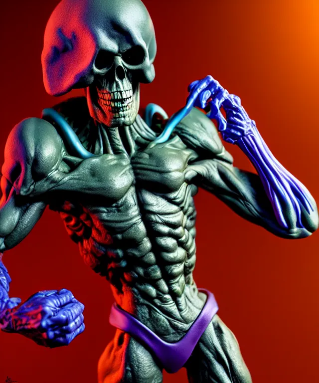 Image similar to hyperrealistic rendering, skeletor, by art of skinner and richard corben and jeff easley, product photography, action figure, sofubi, studio lighting, colored gels