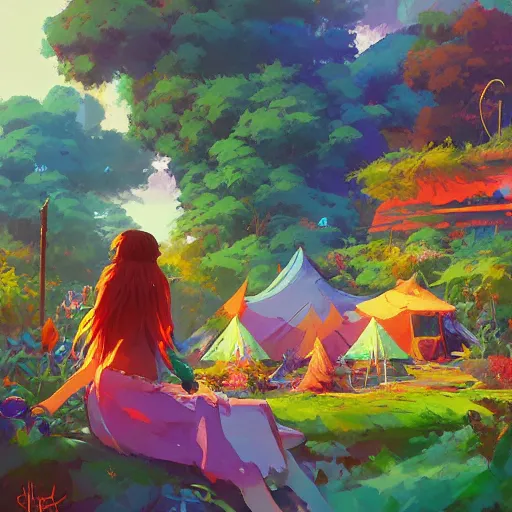 Image similar to hippie bohemian encampment with tie - dye tents and a garden. cyberpunk art by jesper ejsing, by rhads and makoto shinkai and lois van baarle and ilya kuvshinov and rossdraws, cgsociety, panfuturism, nature utopia, bold colors, expressive brushstrokes. anime aesthetic