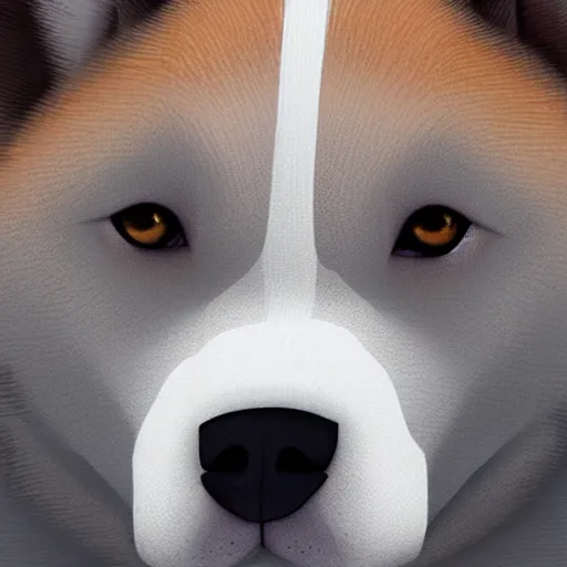 Prompt: a puppy, husky, german shepherd, pit bull mix, blue eyes, caramel brown ears, symmetrical, vertical broad white stripe on face, realistic, cute, beautiful, detailed by Goro Fujita