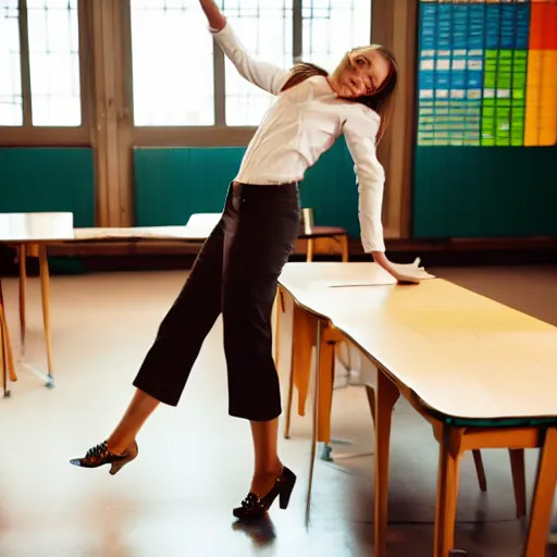 Prompt: film still of stylish girl dancing on school desk, tilted frame, 3 5 °, dutch angle, high quality, cinematography, award winning photo, focous