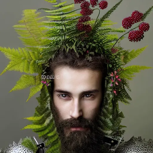 Image similar to a male knight with beard, stern face, clear eyes, shining armour made of steel, and fractal hair in a fractal garden, glowing delicate flower, berries and ferns that grow in a dark flowering fantasy forest, full frame,