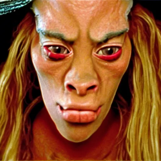 Image similar to film still of jar jar binks as a female cowgirl, long eyeslashes, big juicy lips, big seductive eyes