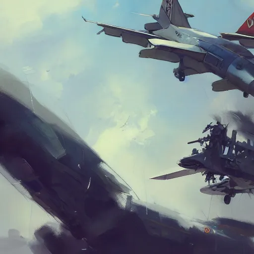 Image similar to concept art of aircraft, highly detailed painting by dustin nguyen, akihiko yoshida, greg tocchini, greg rutkowski, cliff chiang, 4 k resolution, trending on artstation, 8 k