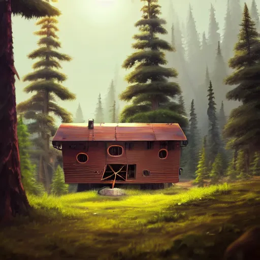 Prompt: a walking wood and metal house with two mechanical legs and one big eye, smoky chimney, rust, hyperrealistic, highly detailed, cinematic, single ray of sun, morning, pareidolia, dynamic composition, gravity falls style, ghibli style, beautiful, pine trees in the background, cgssociety, artstation, 8 k, oil painting, digital art