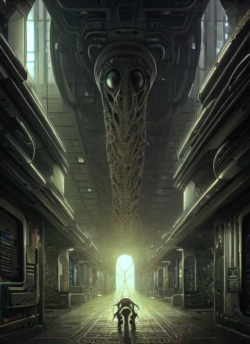 Image similar to wide angle shot of alien corridor cybertronic in a scenic dystopian environment, intricate, elegant, highly detailed, centered, digital painting, artstation, concept art, smooth, sharp focus, illustration, artgerm, tomasz alen kopera, peter mohrbacher, donato giancola, joseph christian leyendecker, wlop, boris vallejo