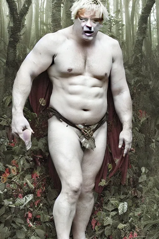 Image similar to portrait of boris johnson as a very pale hulking herculean demon, big pot belly, forest, godlike, full body, fantasy, intricate, elegant, highly detailed, digital painting, artstation, concept art, sharp focus, illustration, art by artgerm and greg rutkowski and alphonse mucha