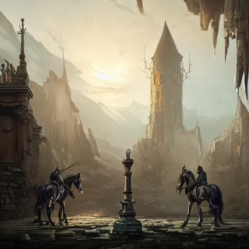 Image similar to a chess piece comes alive, the horse jumps over the tower piece in the wooden chessboard, fantasy art, in the style of greg rutkowski, illustration, epic, fantasy, cinematic, intricate, hyper detailed, artstation, concept art, smooth, sharp focus, ray tracing