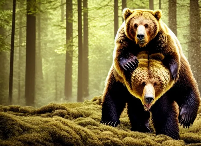 Image similar to portrait photo of chuck norris riding his fluffy grizzly bear, in the forest. fantasy magic style. highly detailed 8 k. intricate. lifelike. soft light. sony a 7 r iv 5 5 mm. award winning photography.