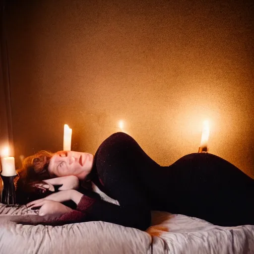 Prompt: Pictorial portrait photo of Liv Sage lounging in her bedroom, candlelit, large format, dramatic light