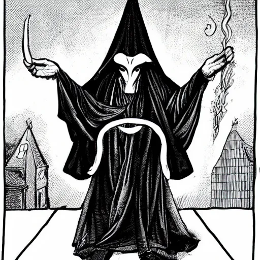 Image similar to baphomet wearing a dark hooded robe