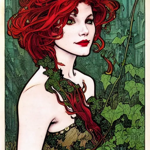 Image similar to a beautiful painting of poison ivy dressed as a lawyer in the big city, dark eyeliner, intricate, elegant, highly detailed, digital painting, artstation, concept art, matte, sharp focus, illustration, art by rebecca guay and by arthur rackham and by alphonse mucha and by john william waterhouse