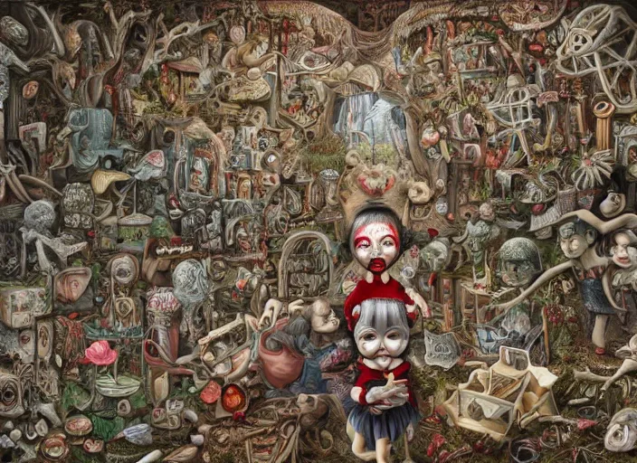 Image similar to where's waldo, lowbrow, matte painting, 3 - d highly detailed, in the styles of mark ryden, giger, amy sol