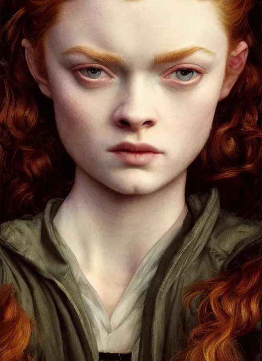 Image similar to sadie sink portrait demon half human, elegant, wearing a bomber jacket, armor, hyper realistic, whitehorns, extremely detailed, dnd character art portrait, fantasy art,, dramatic lighting, vivid colors, artstation, by edgar maxence and caravaggio and michael whelan and delacroix, lois van baarle and bouguereau