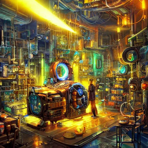 Image similar to fusion reactor in a cyberpunk tinkerer's workshop cryengine render by android jones, james christensen, rob gonsalves, leonid afremov and tim white