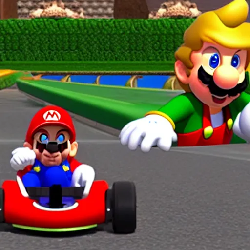 Image similar to Donald Trump is a character in Mario Kart Tour, gameplay screenshot, detalied, high rendering,