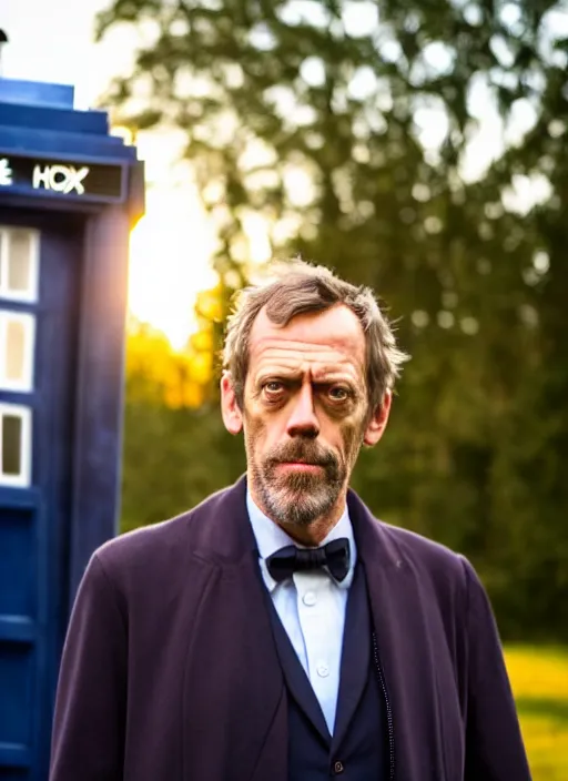 Prompt: dslr photo portrait still of hugh laurie as doctor who in front of the tardis at sunset, 8 k, 8 5 mm f 1. 4