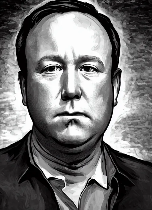 Image similar to sad alex jones surrounded in a dark murky room, highdetailed illustration