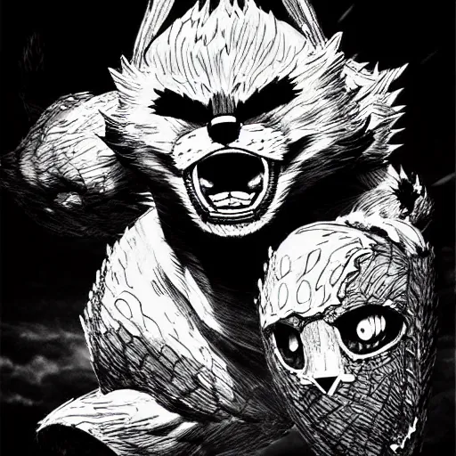 Image similar to Volibear (league of legends, 2009), artwork by kentaro miura, Kentaro Miura style, Berserk Style, High details, cinematic composition, manga, black and white ink style, a lot of details with ink shadows