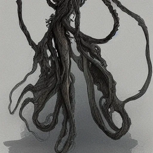 Image similar to concept designs for an ethereal ghostly wraith like figure with a squid like parasite latched onto its head and long tentacle arms that flow lazily but gracefully at its sides like a cloak while it floats around a frozen rocky tundra in the snow searching for lost souls and that hides amongst the shadows in the trees, this character has hydrokinesis and electrokinesis for the resident evil village video game franchise with inspiration from the franchise Bloodborne