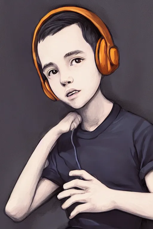 Image similar to a boy with headphones in a cafe, digital art, digital painting, masterpiece, concept art, trending on deviantart, highly detailed, high quality, anatomically correct, five fingers, cinematic, high coherence, soft lighting, soft colors, beautiful, elegant, short black hair, 4 k, symmetrical, realistic and detailed face, cartoon