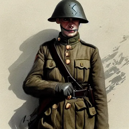 Prompt: german empire ww 1 soldier looking forward portait drawn by greg rutkowski