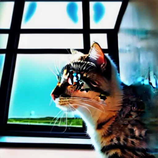 Image similar to cat watching martian landscape, standing inside a futuristic window, next to a food bowl