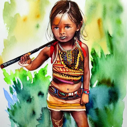 Prompt: hyper realistic tribal girl holding a rocket launcher, watercolor, cinematic