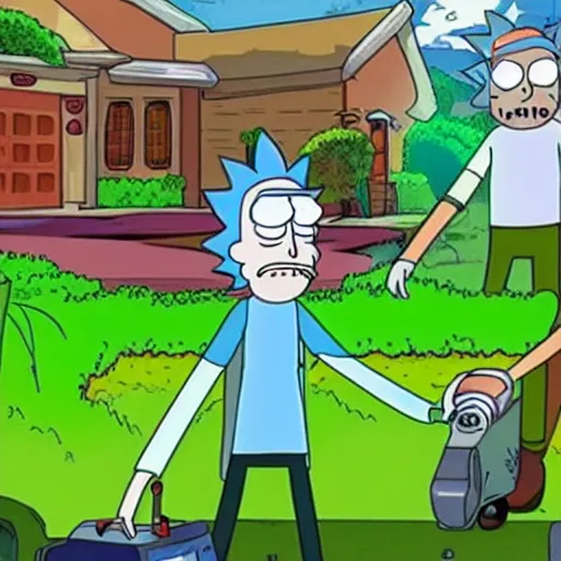 Prompt: rick and morty mowing the lawn