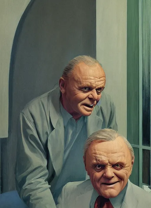 Prompt: Anthony Hopkins with hysterical facial expression at the art deco hospital painting by Edward Hopper and James Gilleard, Zdzislaw Beksinski highly detailed
