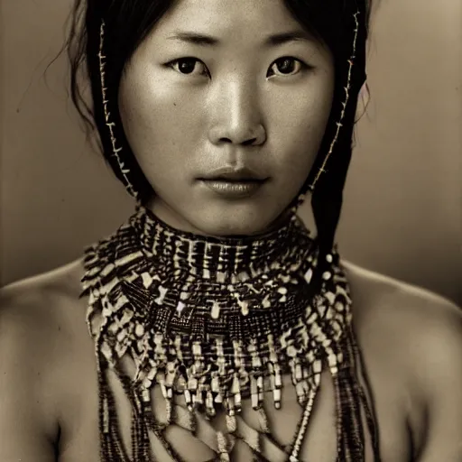 Image similar to vintage portrait of a stunningly beautiful asian tribal female, depth of field, zeiss lens, detailed, symmetrical, centered, fashion photoshoot, by edward s curtis, Annie Leibovitz and Steve McCurry, David Lazar, Jimmy Nelsson, Breathtaking, 8k resolution, extremely detailed, beautiful, establishing shot, artistic, hyperrealistic, beautiful face, octane render