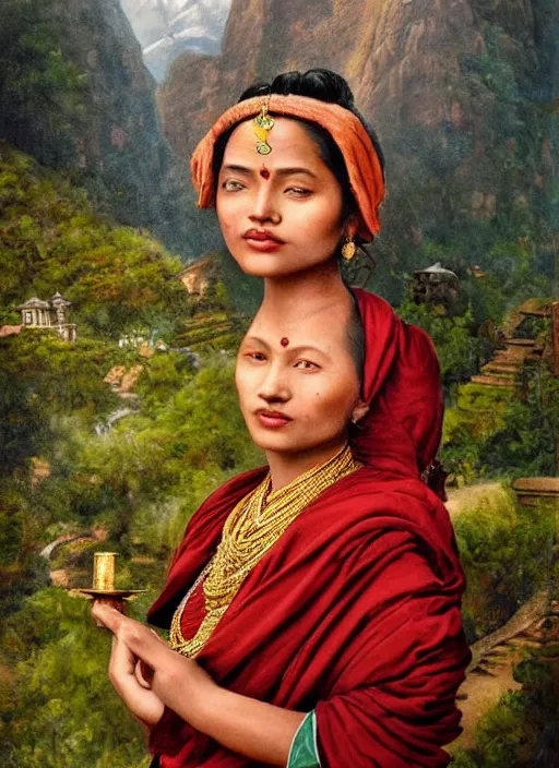 Prompt: vintage_portrait_photo_of_a_beautiful_beautifully_lit_nepalese_Victorian_woman_in_a_lush_valley_with_a_tibetan_monastery_on_a_rock_in_the_background, realistic detailed face